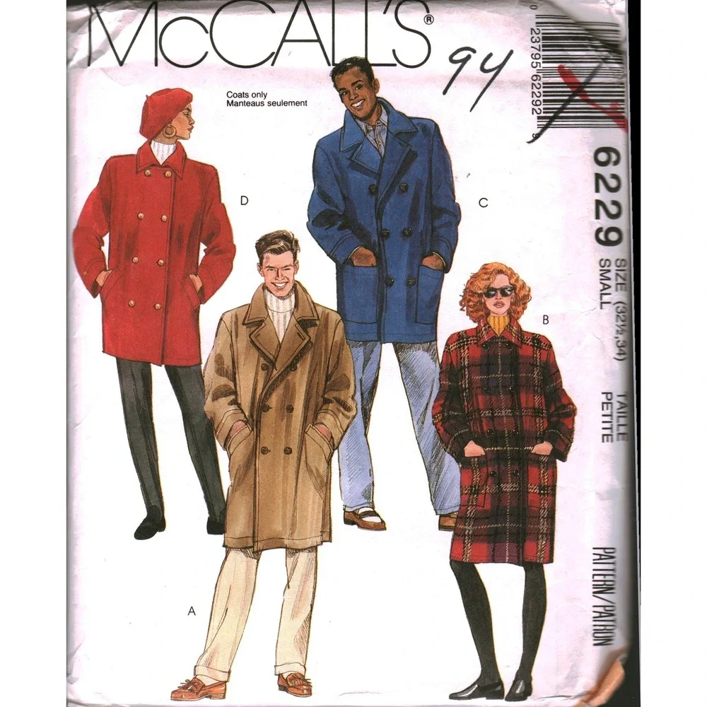 McCalls 6229 Vintage 92 Sewing Pattern Unisex Double Breasted Coat Jacket Small